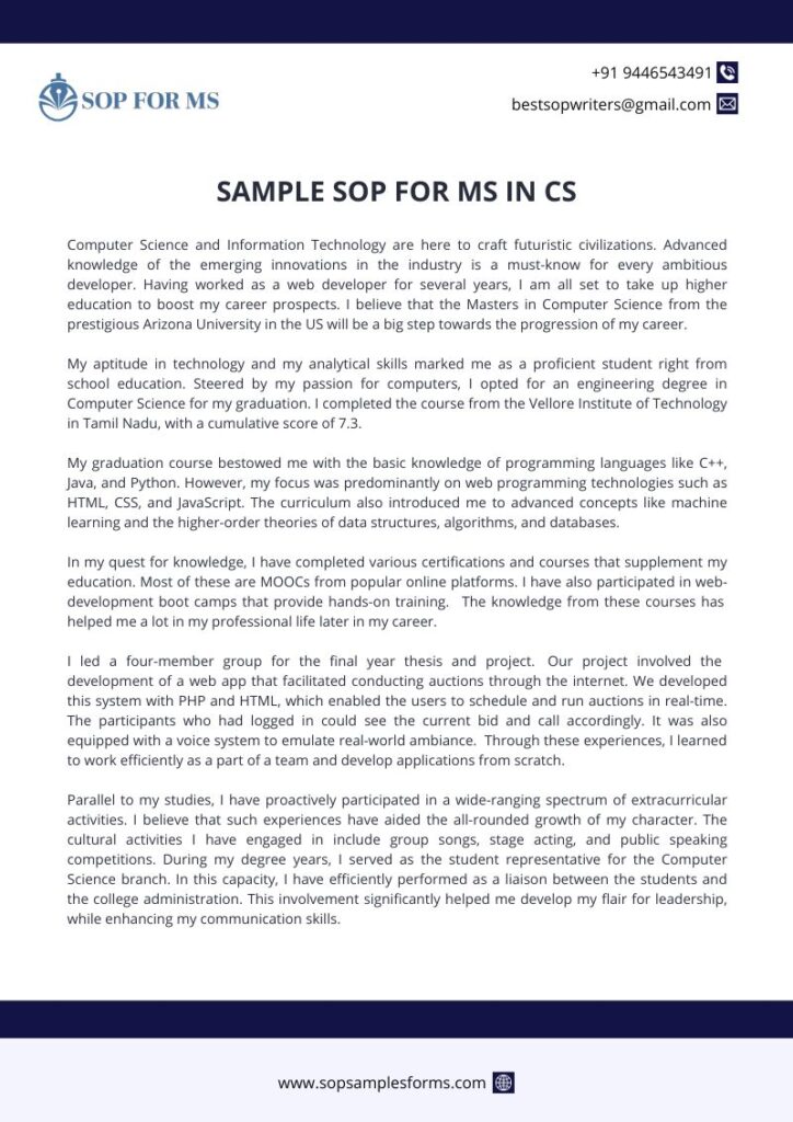 SAMPLE SOP FOR MS IN COMPUTER SCIENCE