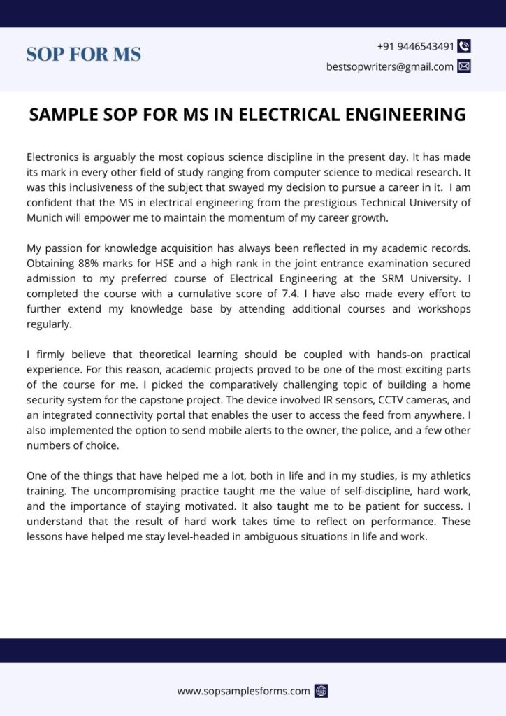 Sample SOP for MS in Electrical Engineering