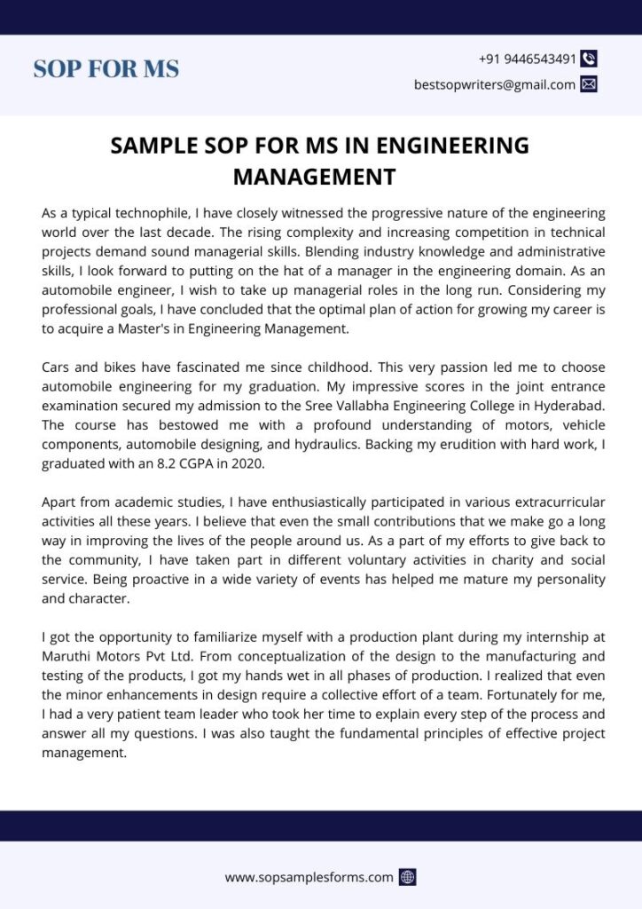 Sample SOP for MS in Engineering Management