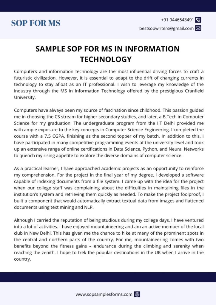 Sample SOP for MS in Information Technology