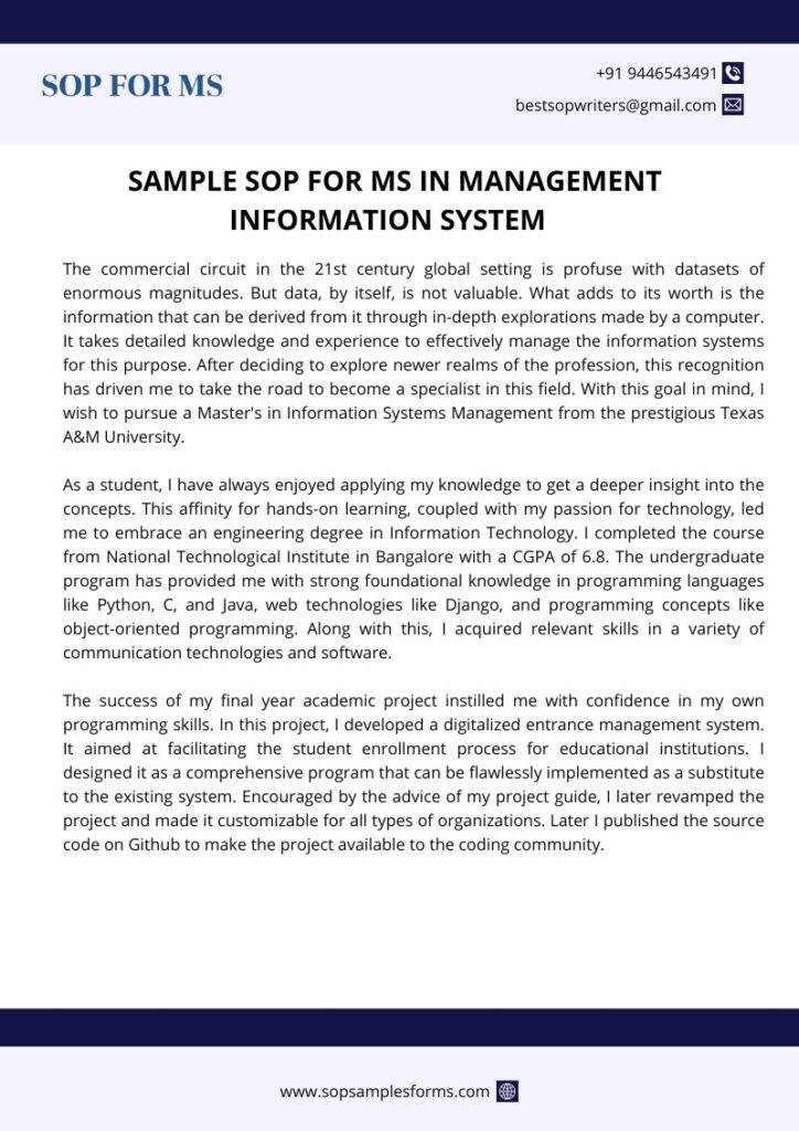 Sample SOP for MS in Management Information System