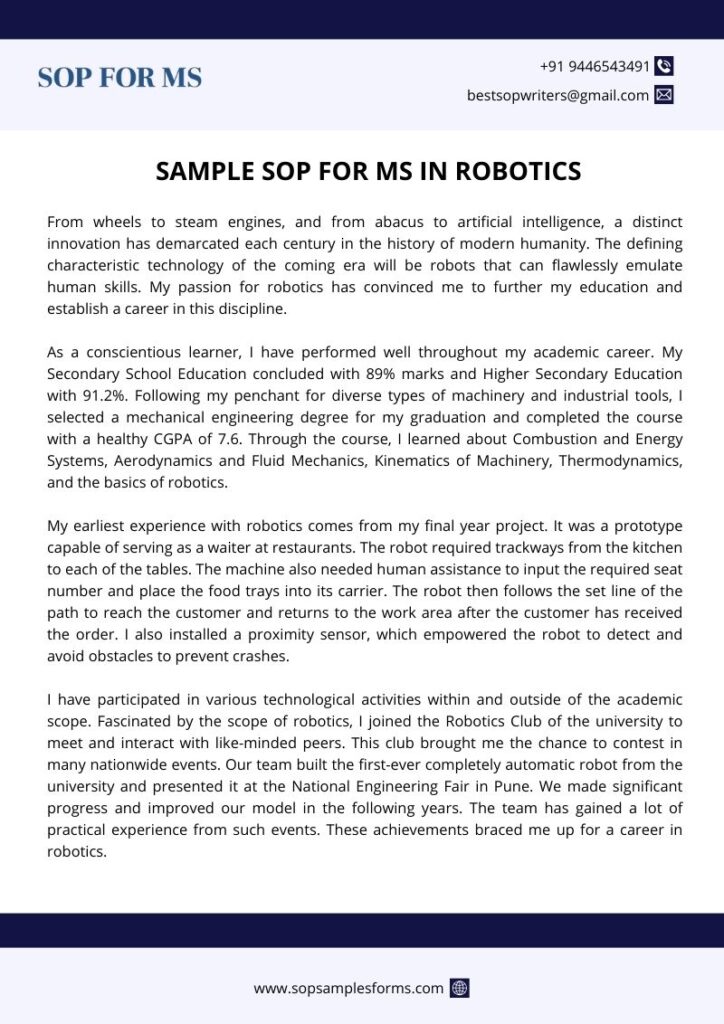 Sample SOP for MS in Robotics