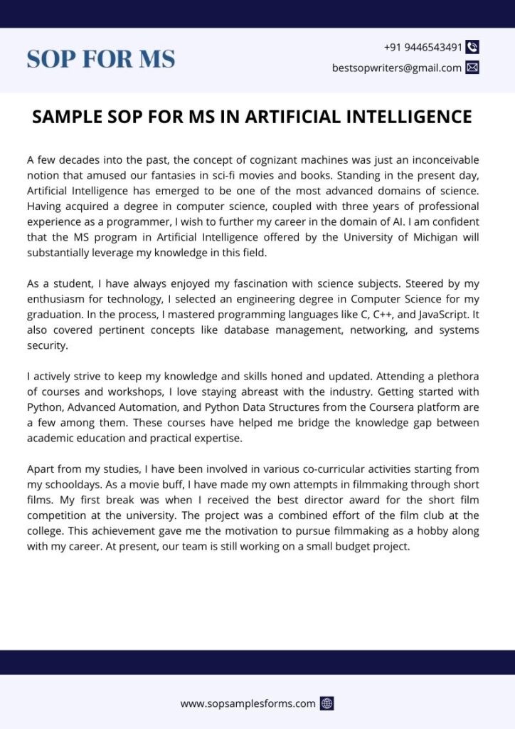 SAMPLE SOP FOR MS IN ARTIFICIAL INTELLIGENCE