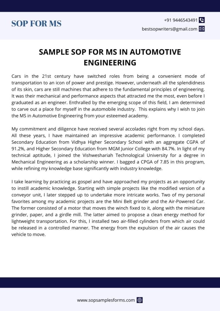 Sample SOP for MS in Automotive Engineering