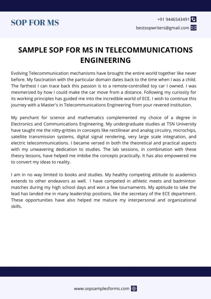 Sample SOP for MS in Telecommunications Engineering