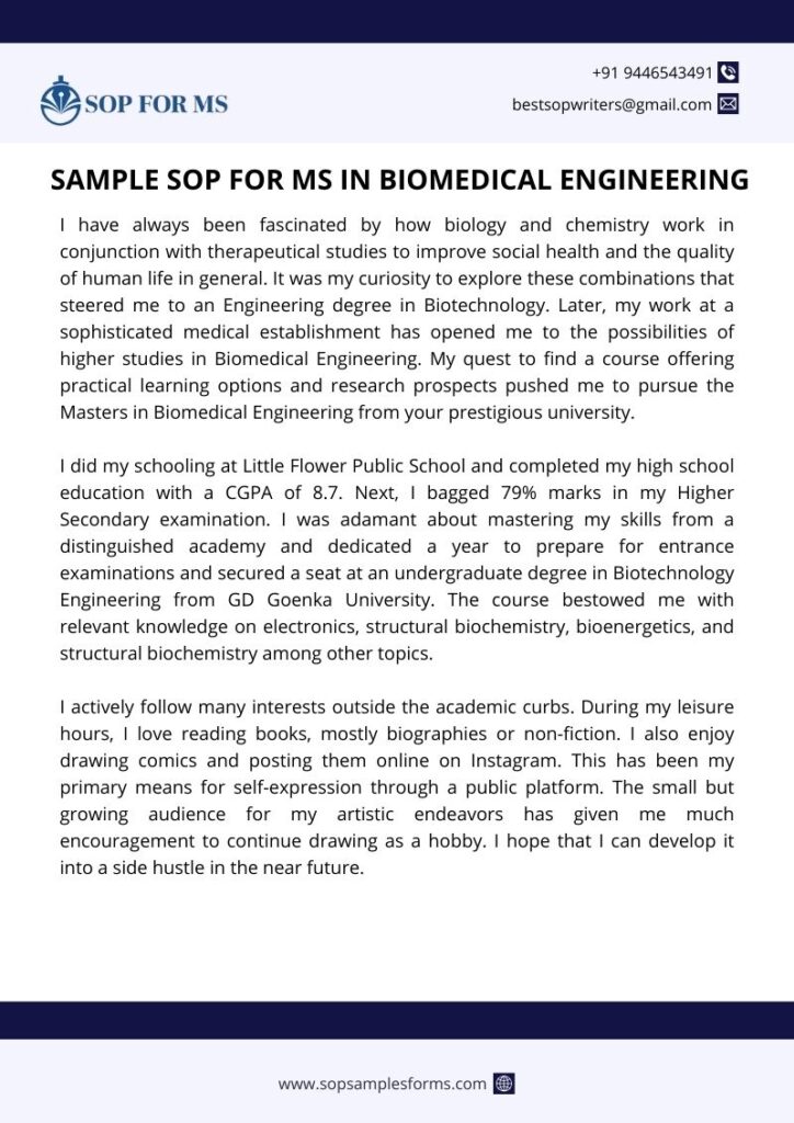 SAMPLE SOP FOR MS IN BIOMEDICAL ENGINEERING