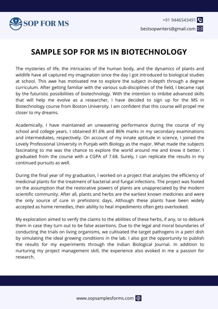 SAMPLE SOP FOR MS IN BIOTECHNOLOGY
