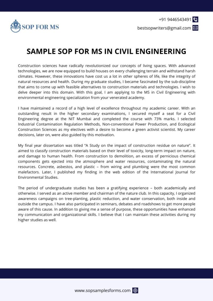 SAMPLE SOP FOR MS IN CIVIL ENGINEERING