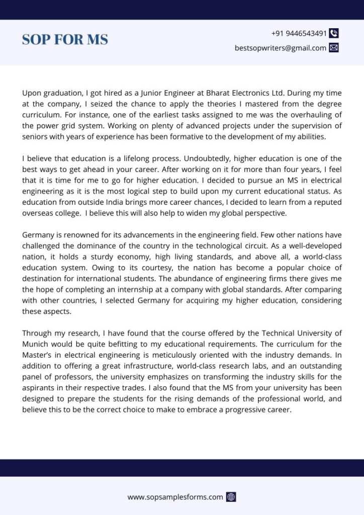 SOP Sample for MS in Electrical Engineering